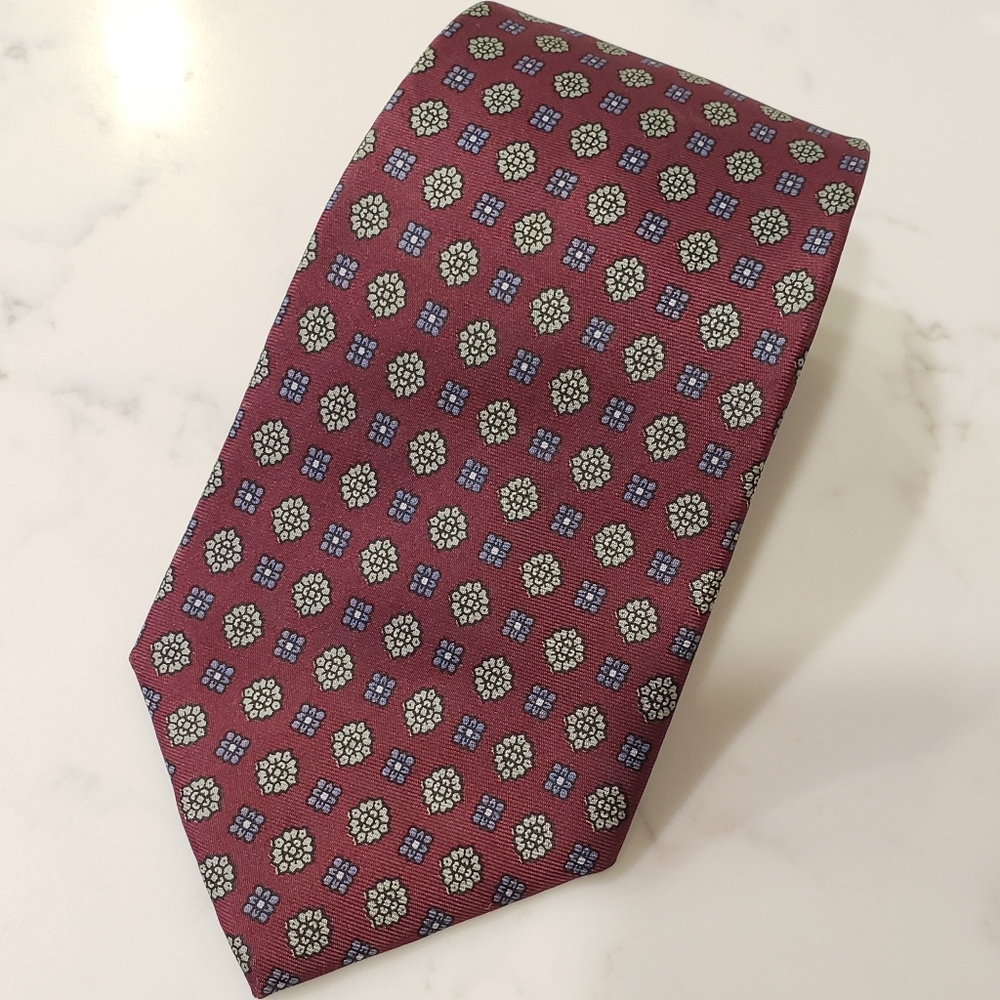 Vintage Men's Geometric Floral Silk Neck Tie, Burgundy Blue Green Suit Formal